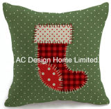 Green Color Square X'mas Sock Design Decor Fabric Cushion W/Filling