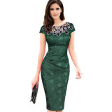 Woman Hollow out Embroidery Channeled Pencil Bodycon Dress Evening Party