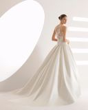 Elegant Boat Neck Low-Waisted Lace Back with Pocket Satin Wedding Dress