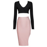 Sexy Long Sleeve Midriff-Baring Hollow T-Shirt Side Slit Dress (2 pieces)
