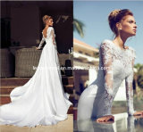 Sheer Long Sleeves Wedding Dress V-Back Chiffon Lace Bridal Wedding Gown A20016