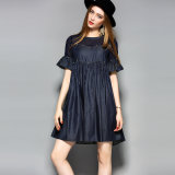 Blue Water-Drop Back Collar Sexy Women Dress with Beading