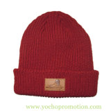 100% Acrylic Winter Beanie Knitted Hat with Leather Label