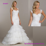 Beaded Lace Applique Throughout Bodice and Ruffled Organza Skirt Wedding Dress