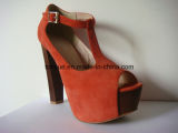 Lady Leather Thick Heel Wooden with Thick Platform Sandals