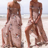 Fashion Women Chiffon Printed Wrapped Chest Strapless Split Beach Dress