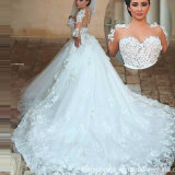 Sheer Long Sleeves Bridal Ball Gown Tulle Lace Puffy Arabic Wedding Dress G1705