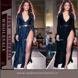 Wholesale Fashion Black V-Neck Silk Maxi Long Dress (6742)