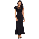 Woman Black Ruffle Sleeve Crochet Top Maxi Evening Gown Dress
