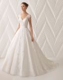 Newest V Neck Cap Sleeves Long Lace Wedding Dress Bridal Gown
