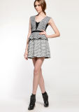 Latest Design Sleeveless V Neck Strip Mini Dress for Lady