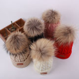 Woman Cable Knitted Fake Fur Ball Winter Hat