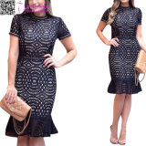 Short Sleeve Black Lace Mermaid MIDI Dress L36177