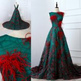 Long Luxury Embroidery Green Lace Dress Red Feather Evening Gown