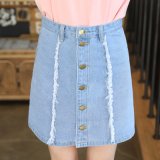 Light Blue Broken Washing Skirt with Five Buttons for Lady (HDLJ0043-17)