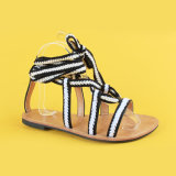 Lady Black and White Belt Flats Ankel Tie Sandals for Women