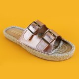 Latest Golden PU Open Toe Two Strap Low Heel Flatform Espadrilles Sandals