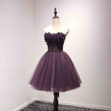 Strapless Purple Flower Beading Prom Gown Cocktail Dress