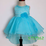 2017 Fashionable Turquoise Organza Ruffle Flower Girl Dress for Wedding Party
