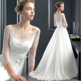 A-Line Lace Sleeves Pleated Button Wedding Dress with Flower