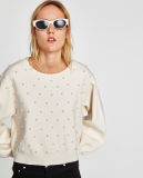 Women Round Neck Sweater with Pearl Beads and Puff Sleeves