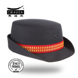 Black Bowler Cap with Red Decoration Ribbon and Gold Embroidered