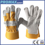 Full Palm and Rebberized Cuff Cow Split Leather Work Gloves with Ce Approved