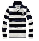 Navy Blue and White Striped Men's Long Sleeve Polo Shirt with Custom Logo