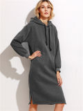 Dark Grey Hooded Slit Side Drawstring Sweatshirt Dress