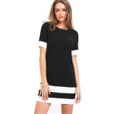 Ladies Casual Mini Dress Black White Patchwork Style Dress Round Neck Short Sleeve Dresses