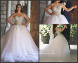 Puffy Arabic Bridal Ball Gown Sheer Tulle Sleeves Crystal Wedding Dress Ar2017