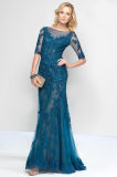 Short Sleeves Open Back Mermaid Cyan Lace Mother Evening Dress