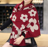 Women's Acrylic Reversible Cashmere Like Flower Printing Winter Warm Thick Knitted Woven Shawl Scarf (SP265)