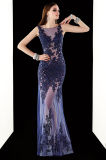 Navy Blue Lace Appliqued Mermaid Ladies Dress Evening Gown
