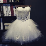 Beading Feather Strapless Tulle Short Mini Prom Dress (prom-93002)
