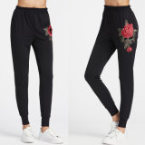 Fashion Women Leisure Casual Rose Flower Embroidery Sportwear Pants