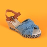 Fashion Denim Leather Open Toe Casual Wedge Espadrilles Sandals Blue