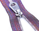 Metal Zipper with Colored Tape and Shiny-Silver Teeth/Fancy Puller/Top Quality