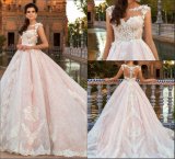 Lace Bridal Dresses Cap Sleeves Nude Lining Pink Appliqued Formal Wedding Ball Gown Bz107