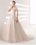 Fashion Deep V Neck 1/2 Sleeve Lace Bridal Dress Wedding Gown