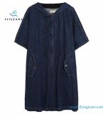 Oversized Indigo Short Sleeves Stretch-Denim Jackets for Women with Concealed Zip Fastening