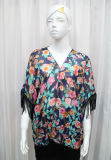 Lady Fashion Flower Printed Polyester Chiffon Fringed Silk T-Shirt (YKY2222)