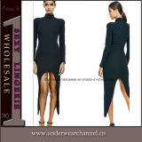 Black Turtleneck Long Sleeve Asymmetrical Evening Dress (TKYW1105)