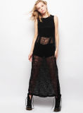 Women Stretchy Black Scalloped Lace Long See Through Dress