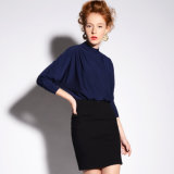 Women Navy Jersey Knit Dress with Pleating Detail