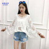Sexy Loose Tops Women White Lace off-Shoulder Casual Chiffon Blouse with Apple Embroidery