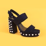 Lady Black Suede Heeled Strap Sandals with Diamond Women