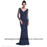 Long Sleeve Crystal Sequins Navy Blue Mermaid Party Gown