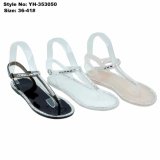 Ladies Flat Clip Toe Black/White PVC Sandals with Rhinestone