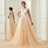 Lace Appliqued Champagne Bridal Gowns Elegant Long Outdoor Wedding Dresses